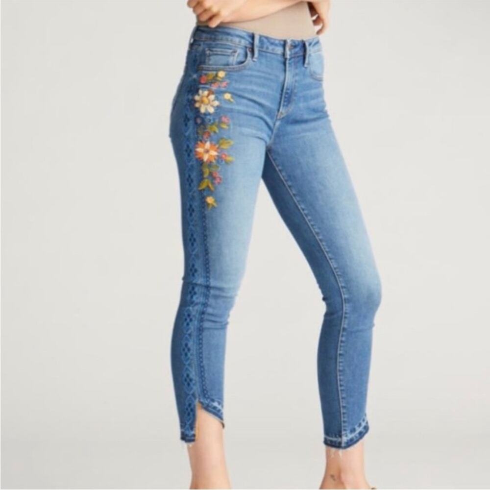 Driftwood | Jackie High Rise Jean Floral Embroidered Asymmetrical Raw Hem Skinny